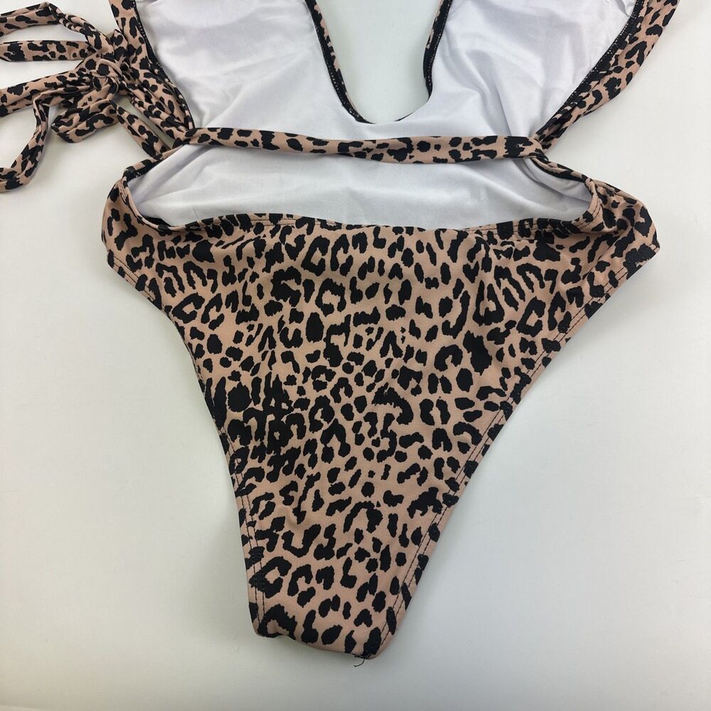 Bellanblue Swimsuit Plunging V Front Wrap Ties Leopard Print Peach Hi Cut Large - Picture 10 of 12
